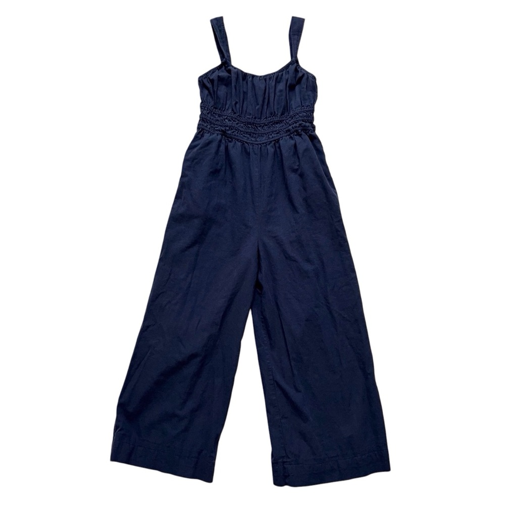Madewell Navy Blue Linen Blend Sofie Wide Leg Jumpsuit Smocked Coastal Small